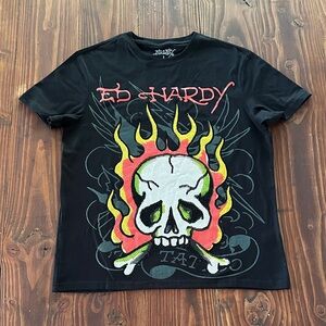 Ed Hardy Black Graphic T-Shirt with crystals  flaming skull men’s large